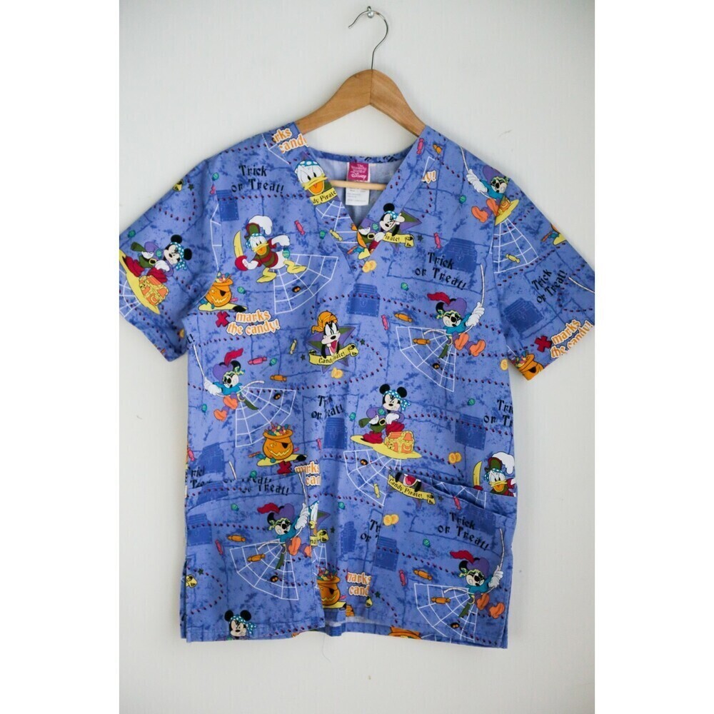 Disney Mickey Mouse Halloween Colourful Cartoon Print Scrub Top S - Picture 2 of 12